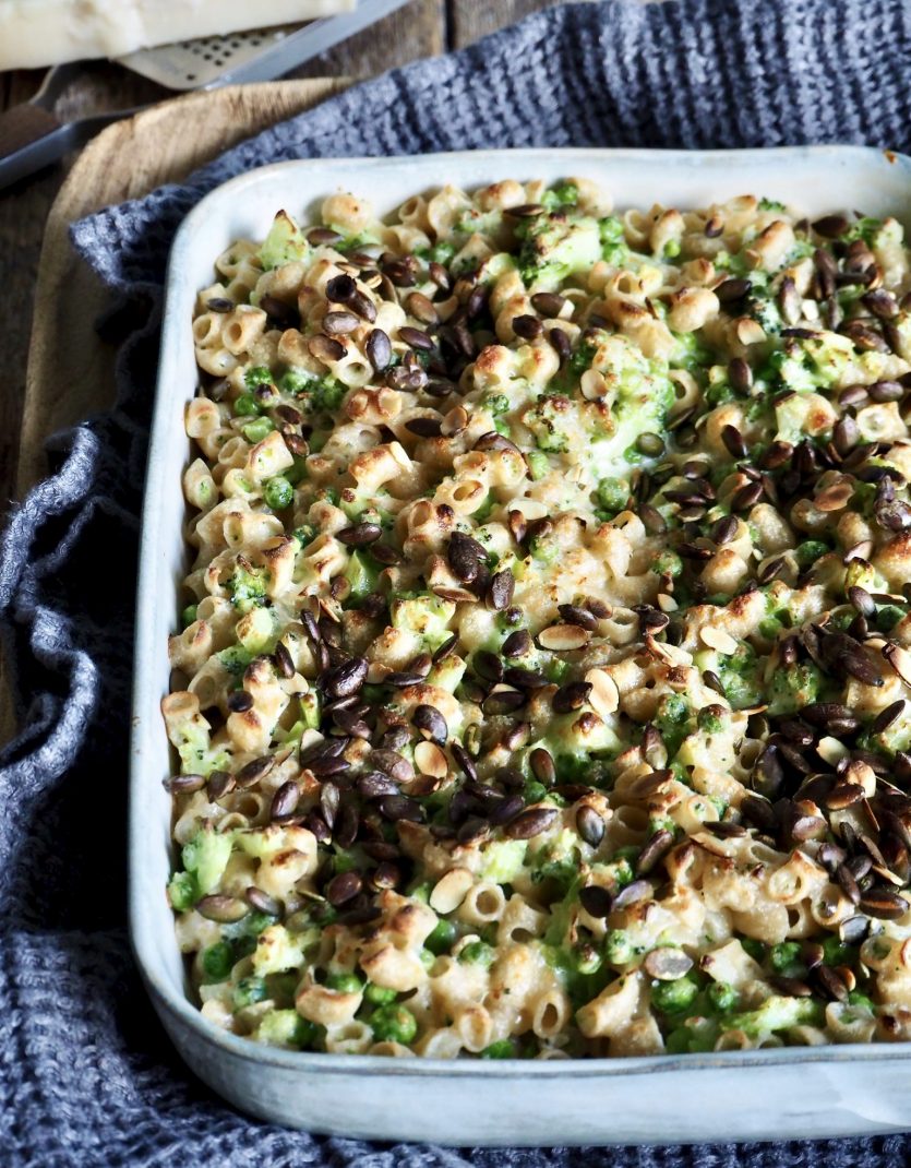 Pastagrateng med brokkoli og erter