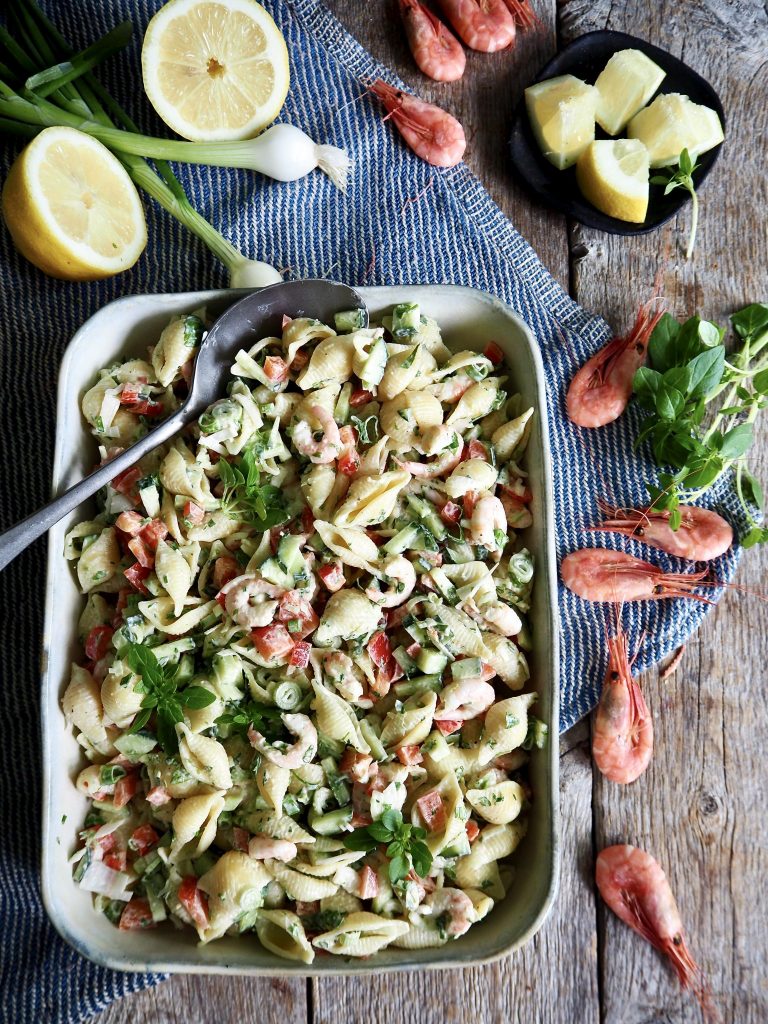 Nydelig pastasalat med reker