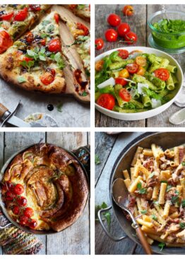 pizza, pasta og pølser